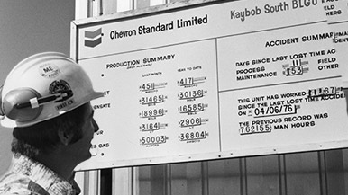 雪佛龙的员工在1960年寻找Kaybob井标志